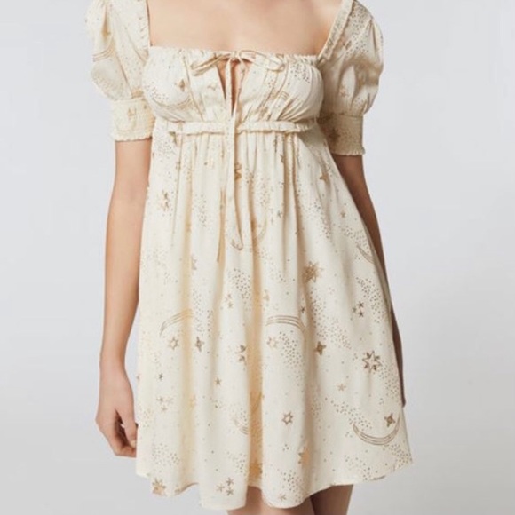 Beach Riot Virgo Celestial Puff Sleeve Baby Doll Dress Cream Gold - Picture 4 of 16